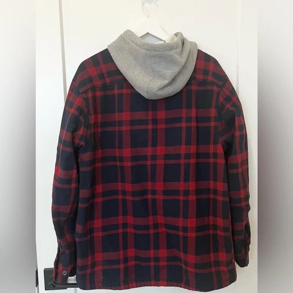 Duluth Trading Co Men Fire Hose Flannel Lined Hooded Limber Jac Red Blue Plaid M - Picture 4 of 9